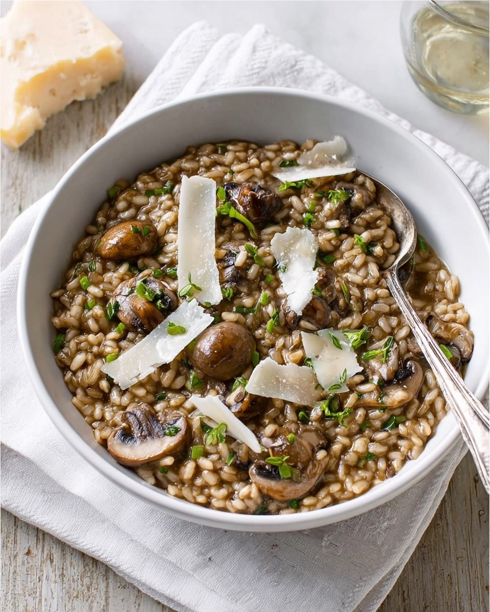 A white bowl filled with a layered dish placed on a folded white cloth on a white marbled textured surface. The bottom layer appears to be small grains, light golden brown in color, evenly spread out. On top and mixed with the grains are dark brown sliced mushrooms with a slightly shiny texture. Scattered across the dish are bright green chopped herbs, adding color contrast. Thin white shavings of cheese are spread on the surface, some pieces resting on the mushrooms and grains. A silver spoon stands on the right side, partially inside the bowl. photo taken with an iphone --ar 4:5 --v 7