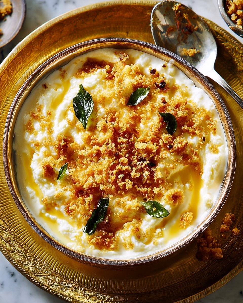 A round bowl filled with a creamy dish that has a thick, smooth white base mixed with a light golden sauce. On top, there are crispy golden brown crumbs scattered evenly, adding texture and color contrast. Green leaves are visible under the crumbs, adding a touch of freshness. The bowl is placed on a round, patterned tray with a silver spoon resting nearby, holding some crumbs. The background is a white marbled texture. photo taken with an iphone --ar 4:5 --v 7