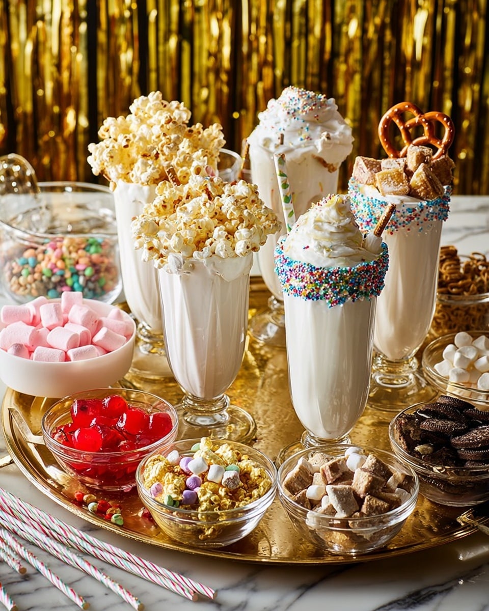 The image shows three tall glasses filled with a creamy white milkshake, each topped with colorful sprinkles on the rim. The first milkshake in the front has small pink and white marshmallows and pieces of chocolate on top. The second milkshake has round, colorful candy pieces and two pretzels stuck on the whipped cream. The third milkshake has whipped cream with a cherry on top. Around the milkshakes, there are various bowls of snacks: a black bowl filled with white popcorn, a white bowl of pretzels, a glass jar with colorful candies, a glass with crushed chocolate and nuts, and golden bowls of chocolate cookies and mixed small white and dark chocolate cubes. There is also a glass jar with red cherries and straws with gold and white stripes placed in front. The background surface is a white marbled texture with a golden, shiny curtain in the back. photo taken with an iphone --ar 4:5 --v 7