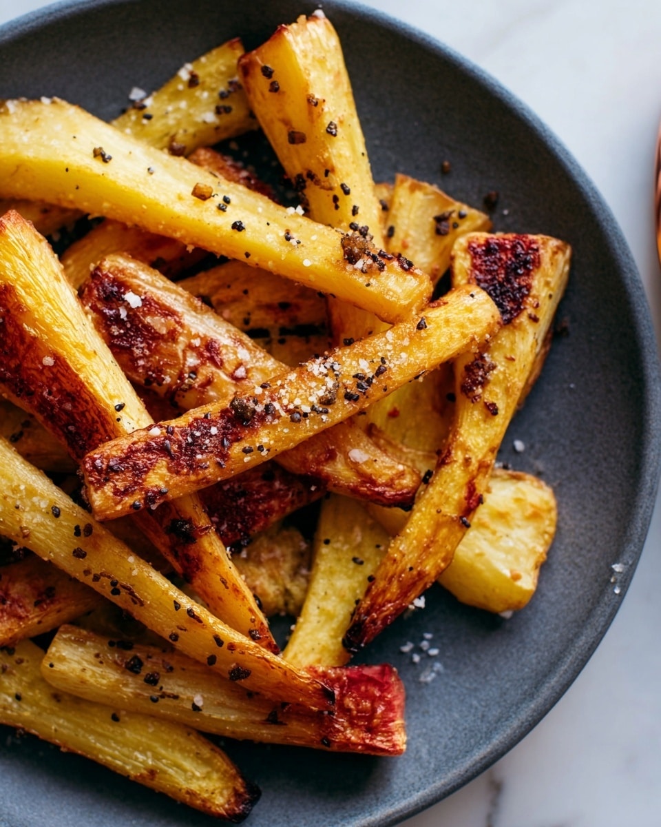 The image shows several roasted parsnip pieces arranged on a round white plate with a slightly textured surface. Each parsnip has a golden-brown color with some darker caramelized spots. They are sprinkled with coarse salt and poppy seeds, and some pieces have a reddish-brown glaze or sauce on top. The plate is placed on a white marbled surface, with part of a copper lid visible in the top right corner. Photo taken with an iphone --ar 4:5 --v 7