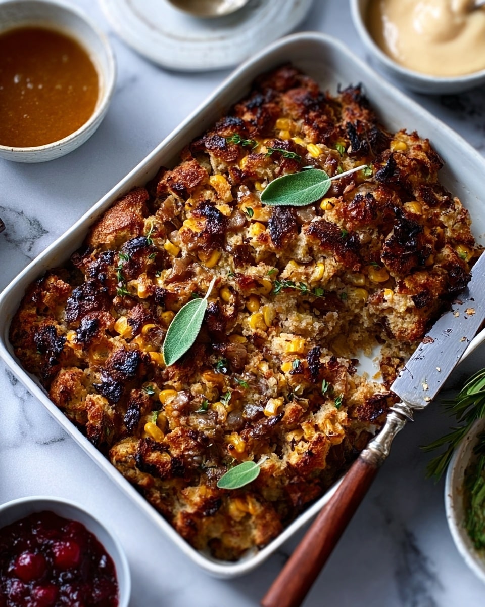 A rectangular white ceramic baking dish filled with a thick, baked casserole featuring a textured top layer of golden brown roasted vegetables and herbs. The dish has visible browned spots and a mix of soft yellow, caramelized browns, and bits of green from fresh sage leaves scattered across the top. A portion has been scooped out from one corner, revealing a dense, moist inside with visible chunks of vegetables and grains. A knife with a wooden handle rests on the edge of the dish, and the scene includes small white bowls nearby containing sauces on a white marbled surface. Photo taken with an iphone --ar 4:5 --v 7