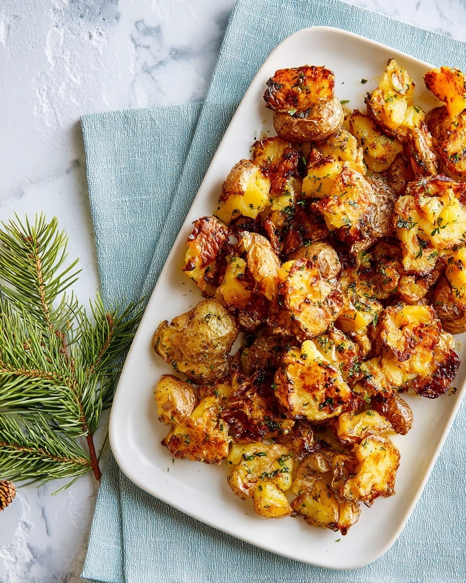 The image shows a white rectangular plate filled with golden-brown smashed roasted potatoes that have crispy edges and soft insides. The potatoes are seasoned with herbs, which add green specks over the rough textured surface of the potatoes. The plate is placed over a gray cloth napkin on a white marbled surface. There is a small green pine branch at the bottom left corner, adding a touch of natural color. The lighting highlights the crunchiness and the fluffy inside of the potatoes. photo taken with an iphone --ar 4:5 --v 7