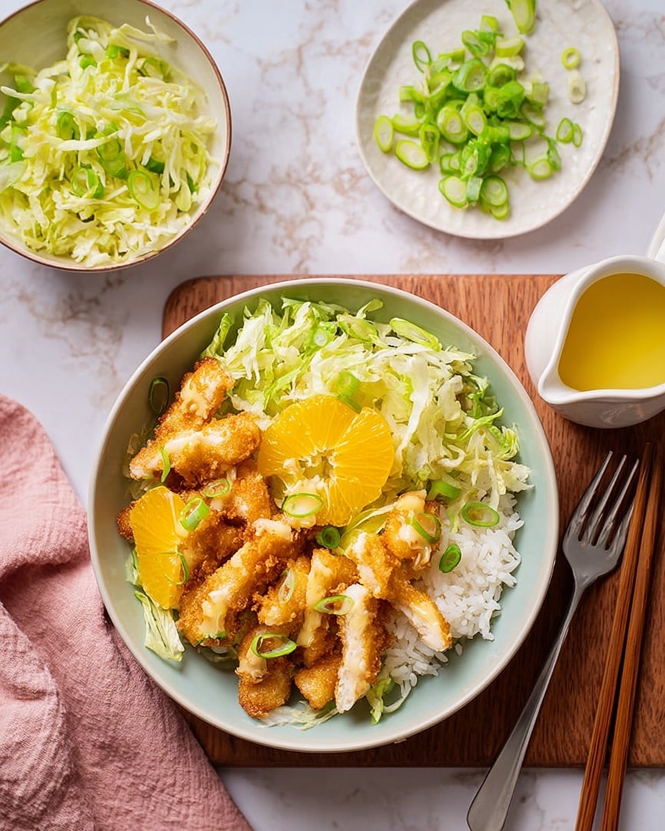 A white bowl filled with three main layers: the bottom layer is white fluffy rice, the middle layer is light green shredded lettuce, and the top layer consists of golden brown crispy chicken strips, scattered bright orange slices, and thinly sliced green onions. To the left, there is a white bowl with shredded green lettuce, and above that, a white plate holds a small pile of sliced green onions. A white jug filled with yellow liquid is on the top right, near a silver fork and wooden chopsticks placed on a wooden board under the main bowl. The whole scene is set on a white marbled surface with a soft pink cloth partly visible. Photo taken with an iphone --ar 4:5 --v 7