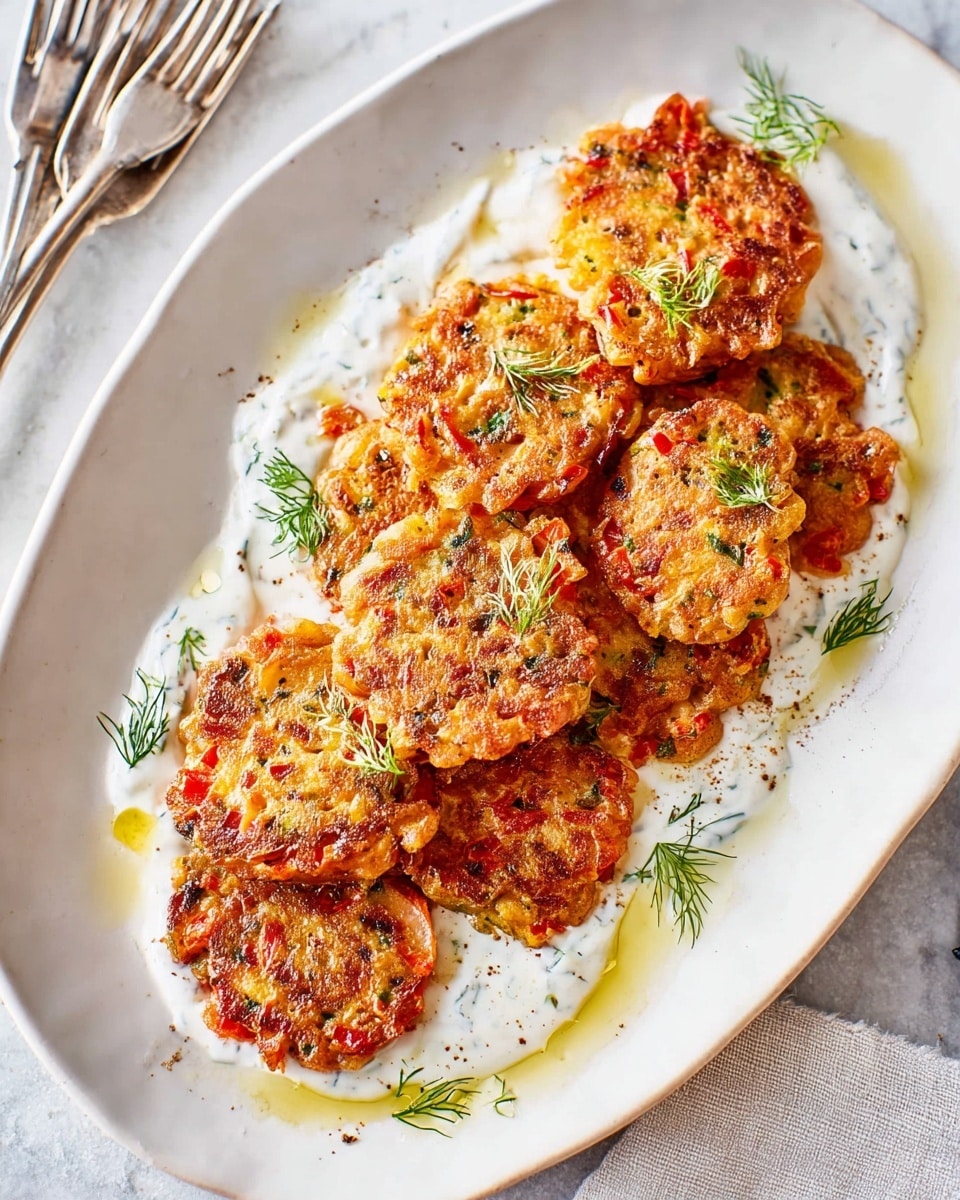 Seven golden-brown, crispy patties with visible pieces of red and orange vegetables are arranged in two rows on a long white plate. They sit on a base of white creamy sauce scattered with small green herb sprigs and drops of yellow oil, adding color contrast. The patties have a rough texture with some charred spots and small vegetable chunks. The plate is placed on a white marbled surface, with two silver forks hanging over the edge nearby. photo taken with an iphone --ar 4:5 --v 7