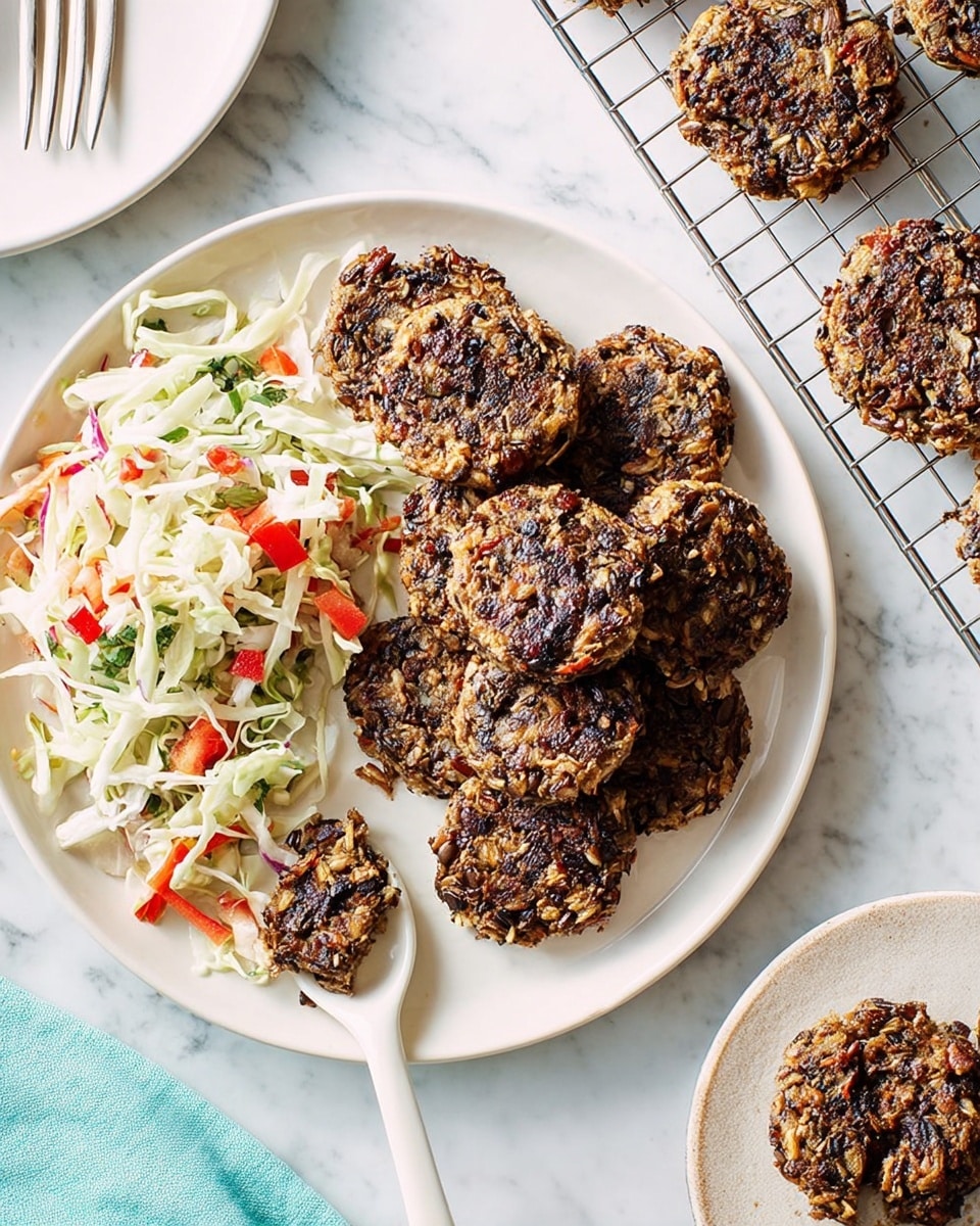 A white plate holds a pile of dark brown, crispy vegetable patties with small pieces of visible black beans and grains, arranged in a slightly uneven stack on the right side. On the left side of the plate, there is a portion of light-colored coleslaw salad with thin white cabbage strips mixed with small red pepper pieces and green herbs, creating a soft, fresh texture. A white spoon rests partly on the plate, under the coleslaw. To the right of the plate, six more patties are cooling on a metal wire rack, spaced apart on a white marbled surface. In the bottom left corner, a white fork lies on a pale blue plate. Photo taken with an iphone --ar 4:5 --v 7