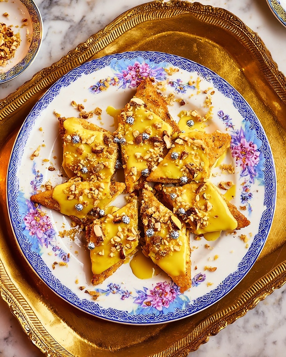 The dish shows a white plate with a blue and pink floral pattern on its edge, placed on a golden tray with a white marbled background. On the plate, there are multiple triangular pieces of toasted bread arranged in a star shape, each piece golden brown and crispy. The triangles are covered with a thick, bright yellow sauce that looks creamy and smooth. Scattered on top are small bits of chopped nuts and shiny, silver edible foil, adding texture and a bit of sparkle. To the side, there is a small white bowl containing more chopped nuts, and parts of other white plates are visible around. Photo taken with an iphone --ar 4:5 --v 7