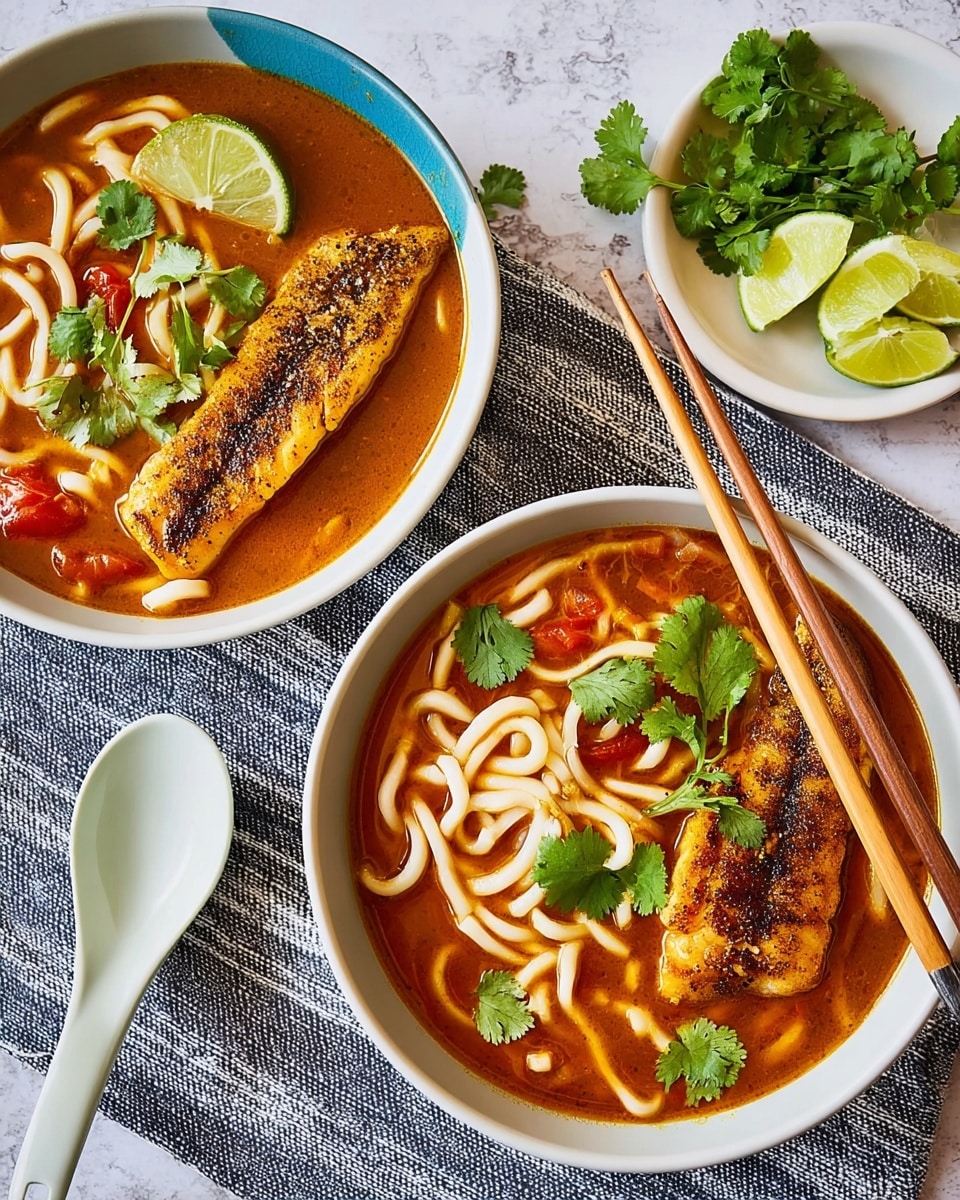 Two bowls of soup are shown from above, each containing light brown broth filled with thick, pale curled noodles on the bottom layer. On top of the noodles in each bowl lies a piece of cooked fish with a light golden color and visible seasoning. Bright green coriander leaves and small red tomato pieces float in the broth above and around the noodles. Each bowl also has a lime wedge placed on the edge near the fish. One bowl has dark brown wooden chopsticks resting across it, and a white ceramic spoon sits nearby. The bowls are blue and placed on a blue and white striped cloth over a white marbled surface. Fresh coriander and lime wedges are beside the dishes. photo taken with an iphone --ar 4:5 --v 7