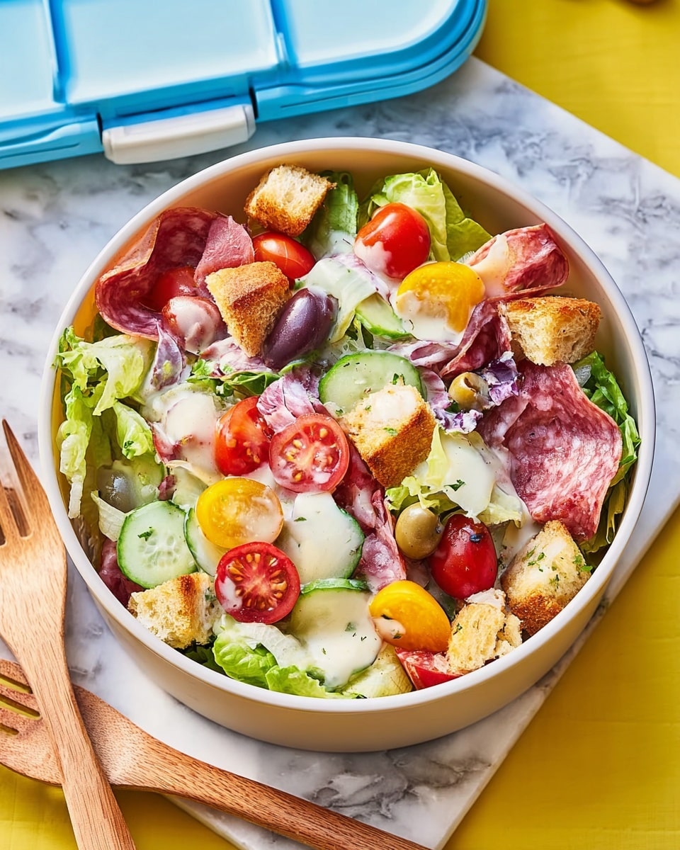 A round white bowl filled with a colorful salad is shown from above. The salad has a base layer of green lettuce leaves mixed with slices of cucumber and chopped red onion. On top, there are vibrant red cherry tomato halves, folded slices of pink salami with white fat specks, black and purple olives, and small yellow bell pepper pieces. Scattered on the salad are small white cheese cubes and golden-brown crunchy croutons. Light creamy dressing is drizzled over the entire salad. The bowl sits on top of a yellow cutting board on a white marbled surface, with light wooden utensils placed beside it. photo taken with an iphone --ar 4:5 --v 7