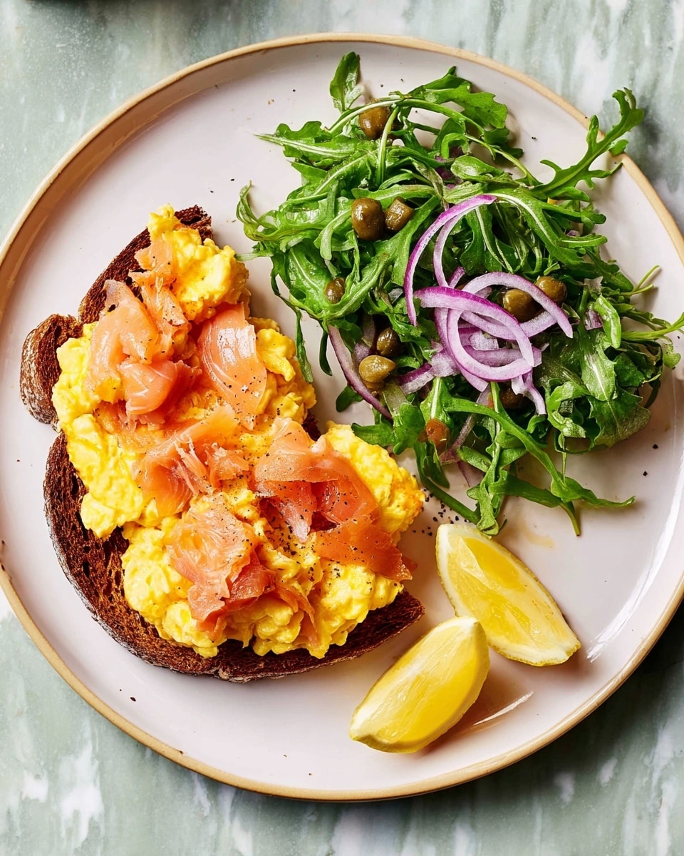 A white plate holds a piece of dark toasted bread topped with a thick layer of creamy, light orange scrambled eggs, with pinkish flaky smoked salmon pieces scattered on top. Beside it, there is a small fresh green salad made of arugula leaves, thin light purple onion slices, and capers. On the plate's bottom side, two lemon wedges rest closely. The plate is placed on a white marbled surface with part of another plate showing the same dish in the top right corner. Photo taken with an iphone --ar 4:5 --v 7