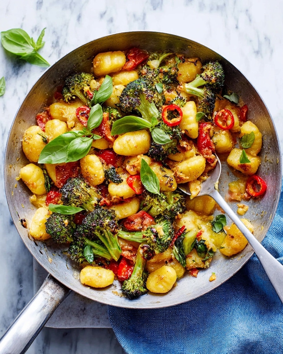 A round silver pan holds a colorful gnocchi dish with three main layers: the bottom layer shows golden-yellow gnocchi pieces with a soft texture, mixed throughout are charred green broccoli florets with some browning edges, while scattered bright red tomato chunks and thin red chili slices add sharp contrast. Fresh green basil leaves are placed on top as a garnish. A silver spoon rests inside the pan to the right. The pan sits on a white marbled surface with a folded bright blue cloth nearby. photo taken with an iphone --ar 4:5 --v 7
