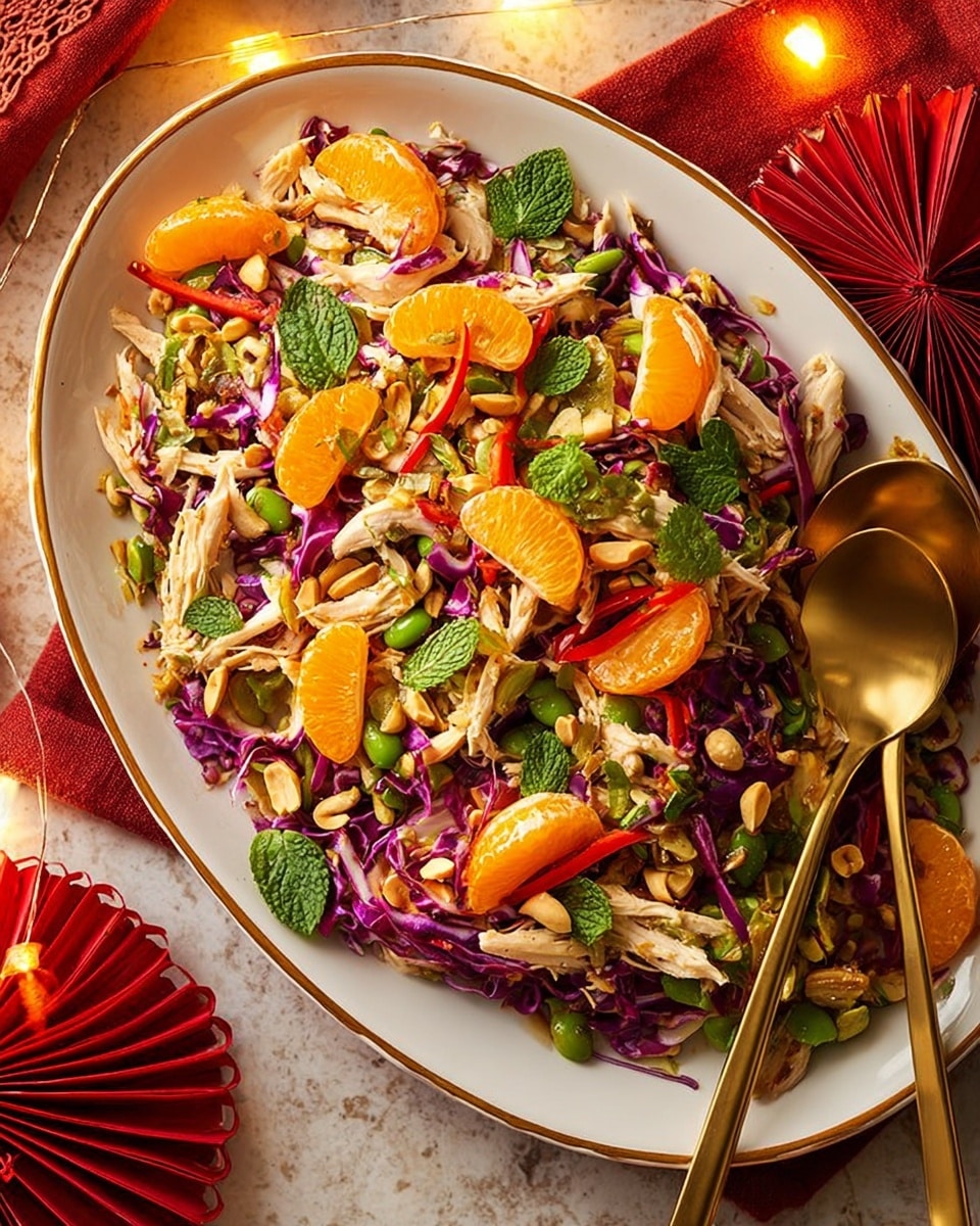 The image shows a colorful salad served on a white oval plate with a thin golden rim. The salad has several layers: the base layer consists of thin strips of purple cabbage, topped with shredded pieces of cooked white chicken. Bright orange mandarin slices are spread throughout, adding a pop of color. There are small green leaves of mint and cilantro scattered on top, along with halved red chili peppers. The salad is garnished with a handful of light brown peanuts, adding texture. Two large gold serving spoons rest on the right side of the plate. The plate is placed on a white marbled surface with a red fabric napkin and red paper decorations visible around it. Warm yellow fairy lights add a cozy glow to the scene. photo taken with an iphone --ar 4:5 --v 7