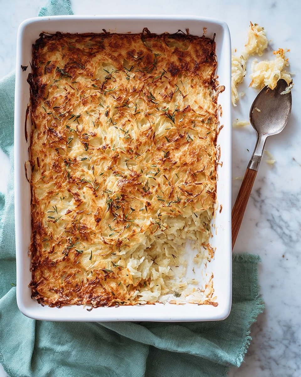 A white rectangular baking dish contains a golden brown casserole with a crispy top layer made of shredded browned potatoes mixed with small green herbs. The casserole appears to have two visible layers: the top is a crunchy, textured mix of browned potatoes and herbs, while underneath is a moist and soft potato layer that looks cooked but more tender. Part of the casserole is scooped out from the top left corner, revealing the softer layer beneath. The dish is placed on a white marbled surface with a light blue cloth casually draped beside it and a metal spoon with a wooden handle resting on the right side of the dish, holding some remnants of the food. Photo taken with an iphone --ar 4:5 --v 7