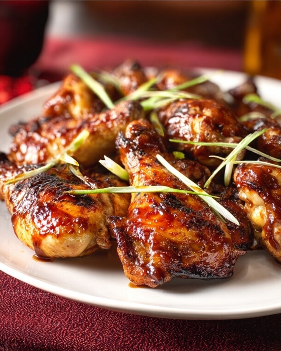 A white plate filled with several pieces of grilled chicken in different shapes like wings, drumsticks, and thighs, all covered in a glossy dark brown sauce that looks sticky and shiny. The chicken pieces have a slightly charred texture showing some crispy burnt edges. Thin, light green strips of what appears to be scallions are scattered on top, adding a fresh contrast to the rich sauce. The plate is placed on a dark maroon cloth with blurred reddish background, and the photo captures the rich texture and shine of the food in close-up. Photo taken with an iphone --ar 4:5 --v 7