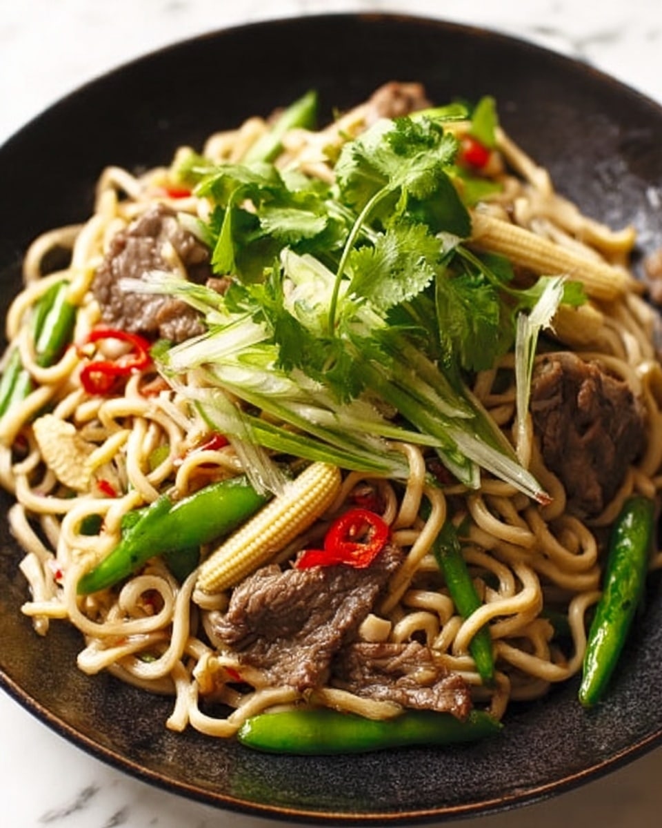 A white plate holds a serving of stir-fried noodles with several layers of ingredients. The bottom layer is light brown noodles, soft and curled. On top of the noodles are medium-sized pieces of cooked beef, dark brown and slightly shiny. Mixed in the noodles and beef are green vegetables, including sliced green beans and baby corn with a pale yellow color. Thin slices of light green spring onions are scattered on top, along with fresh green cilantro leaves. The dish is placed on a white marbled surface. photo taken with an iphone --ar 4:5 --v 7