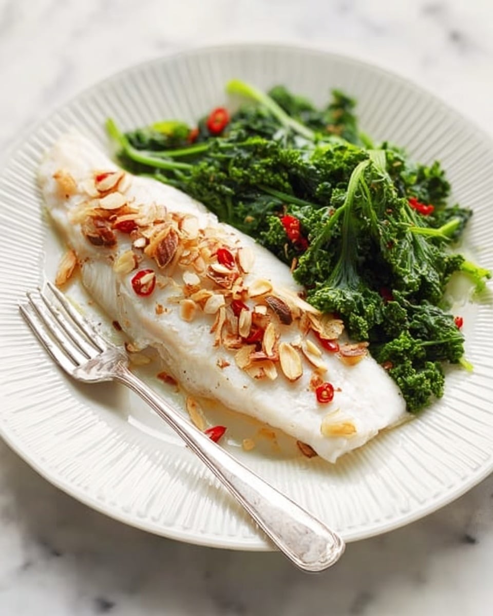 A white fish fillet sits in the center of a white plate with a subtle ridged pattern, topped with thin, browned garlic slices and small red chili pieces scattered evenly. On the right side of the fish is a fresh bed of vibrant green kale or lettuce leaves, adding a leafy texture. A silver fork lies diagonally on the left side of the plate, partially resting under the fish, all set on a white marbled surface. The overall look is clean, fresh, and simple. photo taken with an iphone --ar 4:5 --v 7
