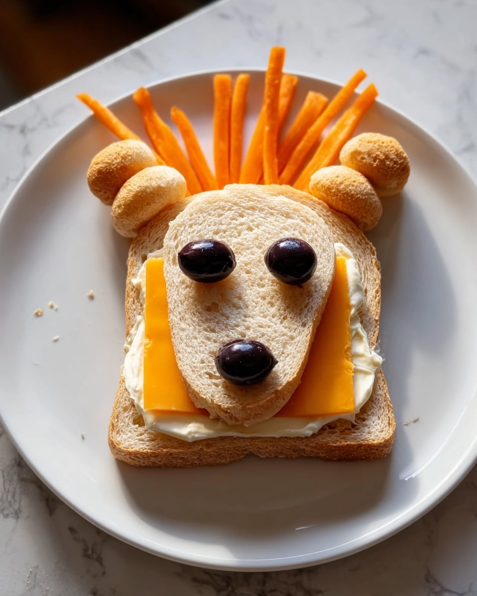 A sandwich made to look like a dog's face is on a white plate with a white marbled surface underneath. The sandwich has three main layers: the bottom layer is two slices of bread with white cream cheese spread in between, the middle layer is a slice of orange cheddar cheese, and the top layer is a smaller piece of bread cut into a dog's face shape. Two whole black olives are used as eyes on the top slice, and one sliced black olive is placed below as a nose. Two small rounded pieces of bread are positioned behind the top slice as ears, and several thin orange carrot sticks stick up from the top like spiky hair. The whole sandwich creates a playful dog face. photo taken with an iphone --ar 4:5 --v 7
