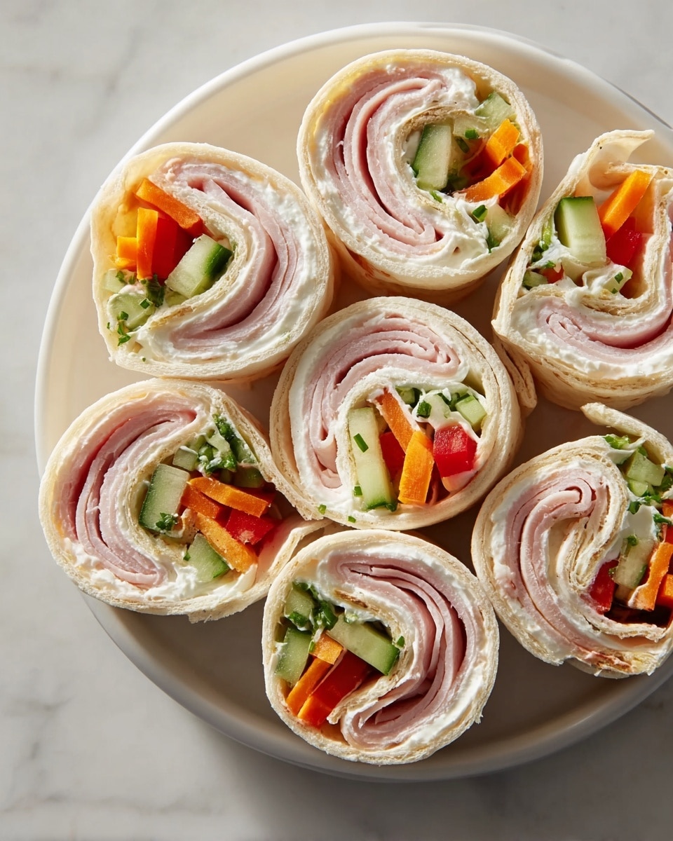 The image shows eight tortilla roll-ups arranged tightly on a white plate, placed on a white marbled surface. Each roll-up has three visible layers spiraled from the outside in: the soft, very light beige tortilla wraps the filling, inside which there is a thick layer of white creamy spread, followed by thin pale pink slices of deli turkey, and finally a mix of finely chopped green cucumber, bright orange shredded carrot, and small pieces of red bell pepper spread evenly throughout. Some fresh green herbs are sprinkled inside the roll-ups adding a touch of color. The cross-section of each roll shows these layers clearly in a spiral form, creating a fresh and appetizing look. Photo taken with an iphone --ar 4:5 --v 7