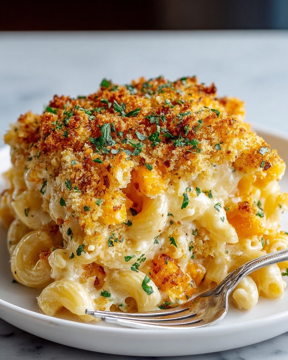 A close-up view of a serving of baked macaroni and cheese on a white plate resting on a white marbled texture surface. The dish has three clear layers: the base layer is creamy pasta with white and light yellow cheese sauce coating the macaroni, followed by chunks of bright orange cheese mixed in, and the top layer is a golden-brown, crispy breadcrumb topping sprinkled with finely chopped green herbs. The textures contrast nicely, with the soft, creamy pasta underneath and the crunchy, toasted top. A silver fork is placed on the right edge of the plate. photo taken with an iphone --ar 4:5 --v 7