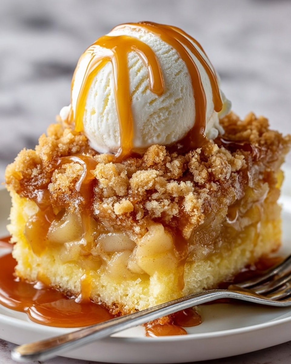A close-up view of a dessert featuring three main layers: the bottom layer is a moist, yellow cake with a soft texture, the middle layer is a gooey, translucent apple filling showing bits of cooked apple pieces, and the top layer is a crumbly golden-brown streusel with a rough texture. This is topped with a smooth, round scoop of creamy white ice cream with visible soft texture and drizzled with glossy caramel sauce that runs down over the ice cream and streusel, pooling slightly on the white plate below. A silver fork rests at the plate’s edge, and the background shows a soft, blurred white marbled texture. photo taken with an iphone --ar 4:5 --v 7
