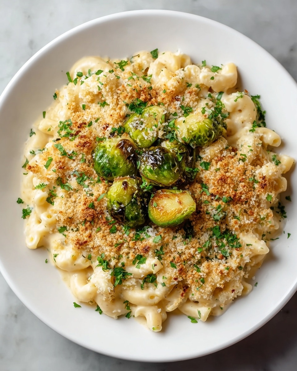 A white plate filled with creamy macaroni and cheese forms the base layer, showing pale yellow pasta covered in a smooth cheese sauce. On top, there is a sprinkle of golden brown toasted breadcrumbs spread evenly, adding a crunchy texture. At the center, halved and whole roasted Brussels sprouts with shiny green and slightly charred outer leaves are arranged. Finally, chopped fresh green herbs are scattered over the dish for a touch of color. The plate sits on a white marbled texture. photo taken with an iphone --ar 4:5 --v 7