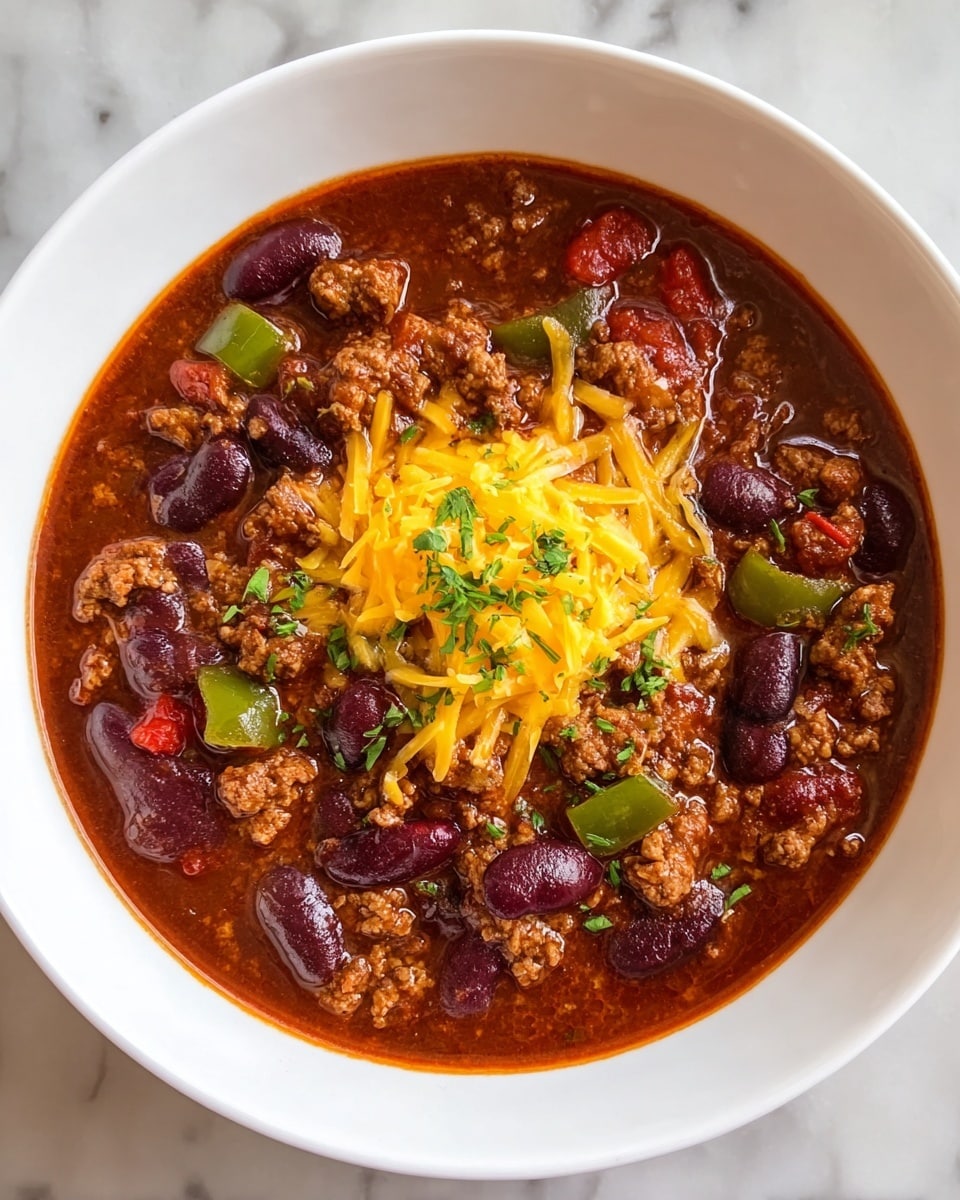 A white bowl filled with rich, dark brown chili containing small chunks of cooked ground beef, dark red kidney beans, green bell pepper pieces, and visible diced tomatoes. The chili has a thick, hearty texture with chunks spread evenly throughout. On top, there is a layer of shredded bright yellow cheddar cheese scattered with small pieces of chopped green herbs. The bowl sits on a white marbled surface. photo taken with an iphone --ar 4:5 --v 7
