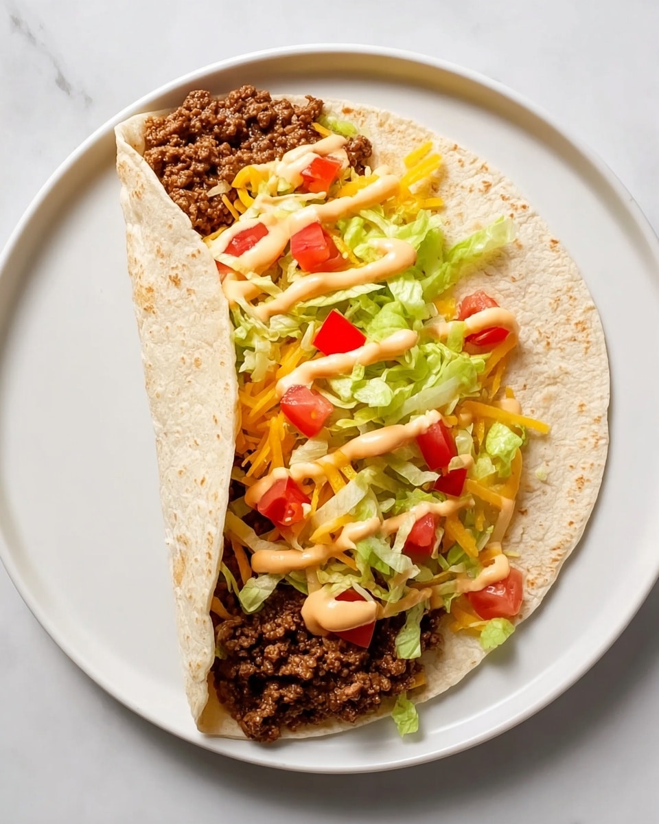 A soft light-brown tortilla is partially folded and placed on a white plate with a white marbled texture surface. Inside, layers start from the bottom with dark brown cooked ground beef, followed by a dense layer of bright yellow shredded cheddar cheese, topped with crisp light green shredded lettuce mixed with small, bright red tomato cubes. A light orange creamy sauce is drizzled over the top in thin lines, finishing the taco's visual appeal. photo taken with an iphone --ar 4:5 --v 7