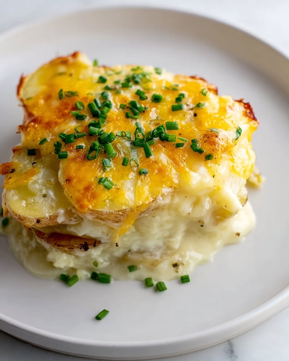 The dish shows a stack of three layers of thin potato slices, each soft and slightly pale yellow with some golden edges. Between the potato layers, there is a creamy white sauce that oozes out a little around the edges. On top, melted yellow cheddar cheese with a bubbly and slightly browned texture covers the upper potato layer. The stack is garnished with small pieces of bright green chopped chives scattered on top and around the dish. All of this sits on a clean white plate placed on a white marbled texture surface. photo taken with an iphone --ar 4:5 --v 7
