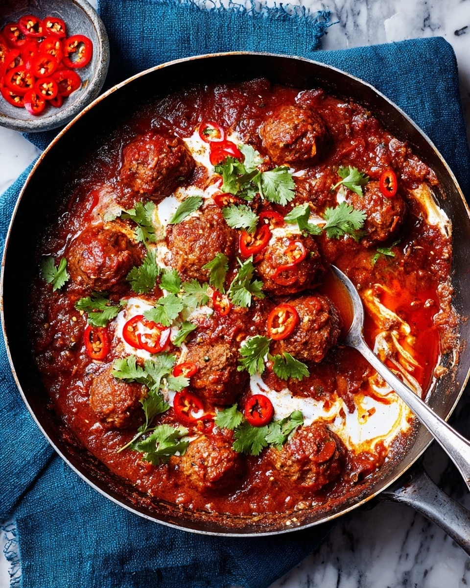 A round metal pan filled with a rich, thick red tomato sauce with about twelve golden-brown meatballs evenly placed on top, each partially covered with white cream drizzles. Bright red sliced chili peppers are scattered among the meatballs, and fresh green cilantro leaves are sprinkled as garnish. A long silver spoon rests inside the pan, partly submerged in the sauce with one meatball on it. The pan sits on a white marbled surface with a dark blue cloth next to it and a small white bowl of sliced red chili peppers nearby. photo taken with an iphone --ar 4:5 --v 7