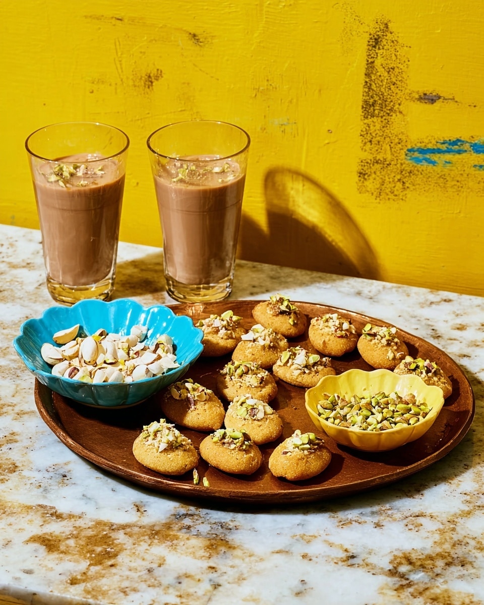 A large round brown tray holds twelve oval-shaped golden brown sweets, each topped with small pieces of white and green nuts. Two small fluted bowls in blue and yellow sit on the tray; the blue bowl contains white nut pieces and the yellow bowl holds green nuts. Behind the tray are two clear glasses filled with a creamy brown drink, placed on a white marbled surface. The background is a bright yellow wall with some marks. Photo taken with an iphone --ar 4:5 --v 7