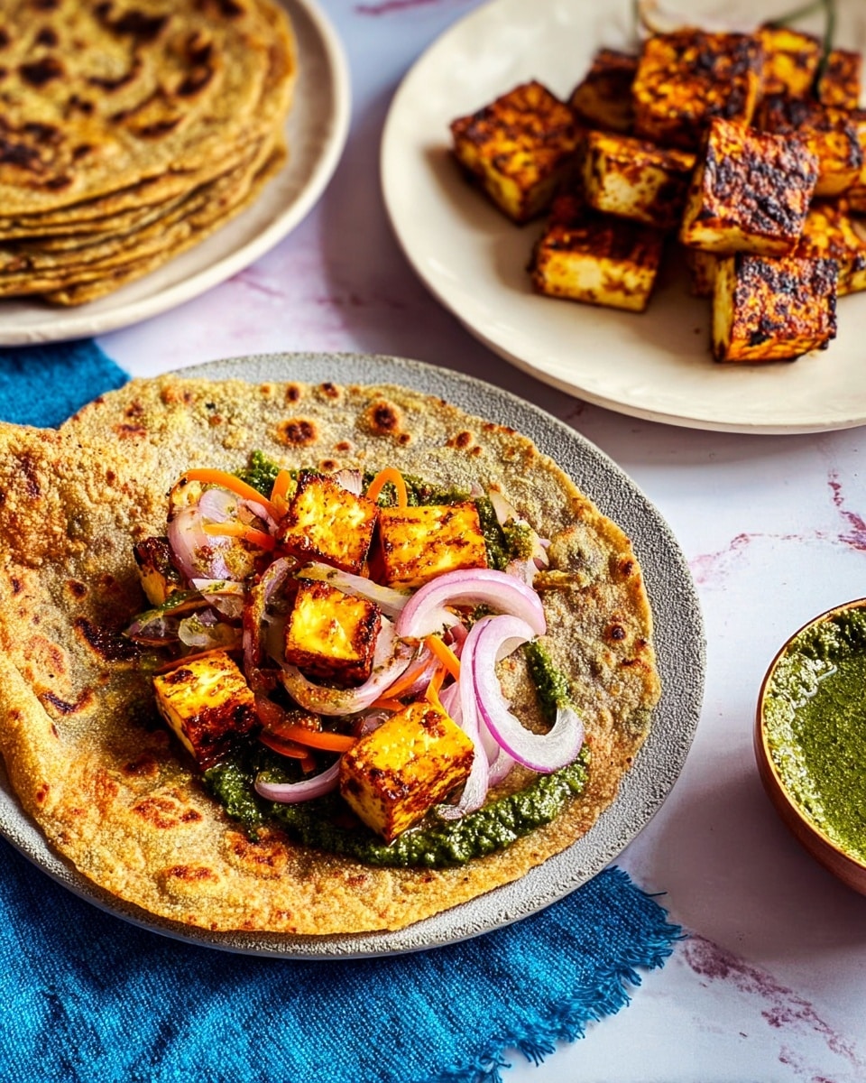 The image shows a folded flatbread wrap on a gray plate with layers inside including green chutney, golden brown grilled paneer cubes, and thinly sliced red onions and carrots adding texture and color. To the right, there is a white plate filled with more browned, grilled paneer cubes. Above it, a stack of flatbreads rests on a white plate with a purple cloth underneath. A small bowl of green chutney sits at the bottom left on a white marbled surface with blue paint splatters. The colors are warm and earthy with the wrap filling offering contrast in bright green and fresh vegetables. Photo taken with an iphone --ar 4:5 --v 7