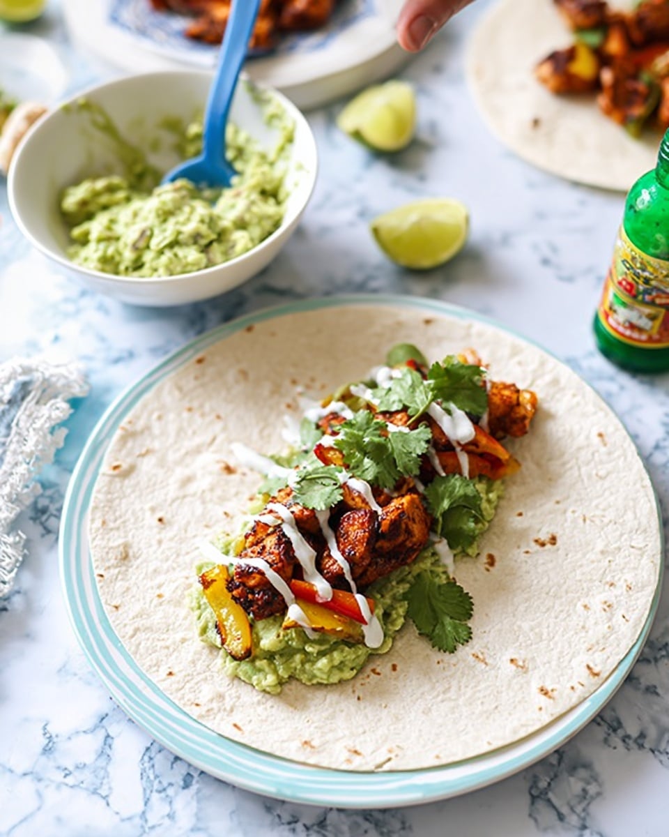 A white tortilla lays flat on a white plate with blue stripes. On the tortilla, there is one layer of green chunky guacamole spread unevenly, topped with grilled chicken pieces that are browned with some char marks, mixed with colorful grilled bell peppers in red and yellow, and small bits of green cilantro. On top of this, a drizzle of white sour cream adds a smooth texture. To the side, there is a woman's hand holding a blue spoon inside a white bowl filled with chunky green guacamole. The background shows a white marbled texture surface with a green sauce bottle, lime wedges, and a small white bowl with a spoon. Photo taken with an iphone --ar 4:5 --v 7