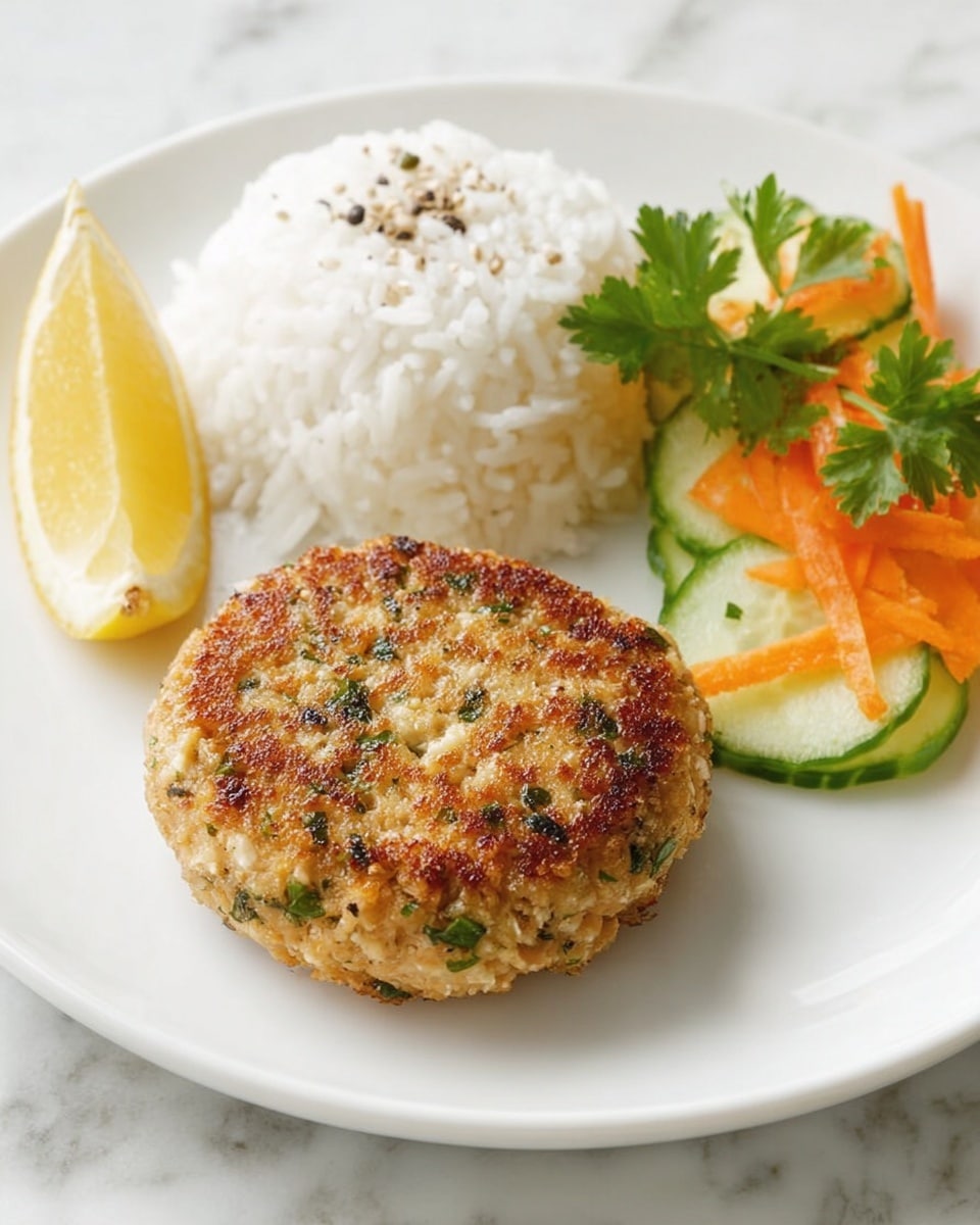 A white plate holds a meal with three main parts arranged neatly: a round, golden-brown patty with a slightly crispy, textured surface is placed at the front center; behind it on the left side is a mound of fluffy white rice with individual grains visible; on the right side is a small salad made of light green cucumber ribbons and thin, soft orange carrot strips, garnished with fresh green cilantro leaves and a light black pepper sprinkle. A pale yellow lemon wedge rests near the rice on the edge of the plate. The plate is set on a white marbled surface. Photo taken with an iphone --ar 4:5 --v 7