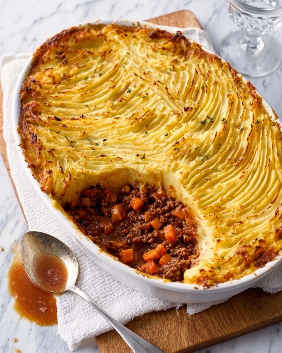 The image shows a white oval baking dish filled with a shepherd's pie that has a thick top layer of golden yellow mashed potatoes with textured swirls. The filling beneath is dark brown with visible pieces of cooked meat and small orange carrot cubes, peeking through where a portion has been scooped out. The dish rests on a white cloth over a wooden board, and a metal spoon with some of the filling on it lies nearby. Two clear glasses filled with water stand in the background on a white marbled surface. Photo taken with an iphone --ar 4:5 --v 7