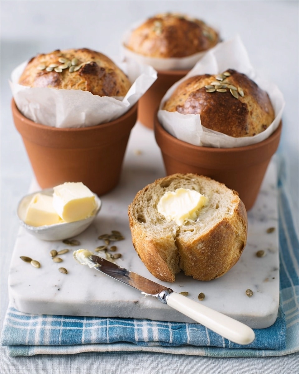 The image shows three brown terracotta pots each holding a round, golden-brown bread roll wrapped inside light parchment paper, with specks of herbs on top. In front of the pots are two pieces of broken bread with rough texture, one spread with creamy butter, lying on a white board with blue and green stripes. A white knife with a metallic blade rests on the board, and a small white dish holds two white butter cubes beside the bread pieces. The whole setup sits on a white marbled surface with soft natural light. Photo taken with an iphone --ar 4:5 --v 7