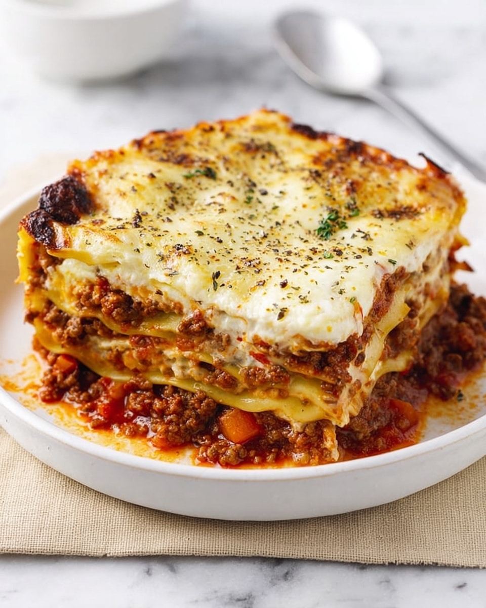 A close-up view of a thick lasagna piece in a white round ceramic baking dish placed on a beige woven cloth over a white marbled surface. The lasagna has four visible layers: the bottom layer is a rich dark brown meat sauce mixed with small diced orange carrots and green herbs; the second layer is thin, pale yellow pasta sheets; the third layer is again the meaty sauce with visible chunks of vegetables; the top layer is a creamy, pale beige cheese sauce with a slightly browned and bubbly texture sprinkled lightly with cracked black pepper. The edges of the baking dish show some baked sauce spills with a slightly burnt look. photo taken with an iphone --ar 4:5 --v 7