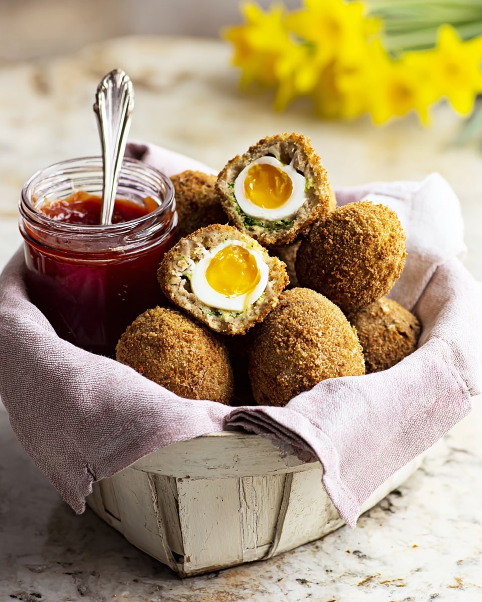 A white basket lined with a light pink cloth holds several round, golden-brown fried Scotch eggs with a crumbly textured coating. One Scotch egg is cut in half showing the layers inside: a bright yellow and white hard-boiled egg center wrapped in a sausage meat layer, all encased in the crispy outer crust. Next to the eggs inside the basket is a small glass jar filled with a red sauce, with a silver spoon standing in it. The basket is placed on a white marbled surface with blurred yellow flowers in the soft background. Photo taken with an iphone --ar 4:5 --v 7