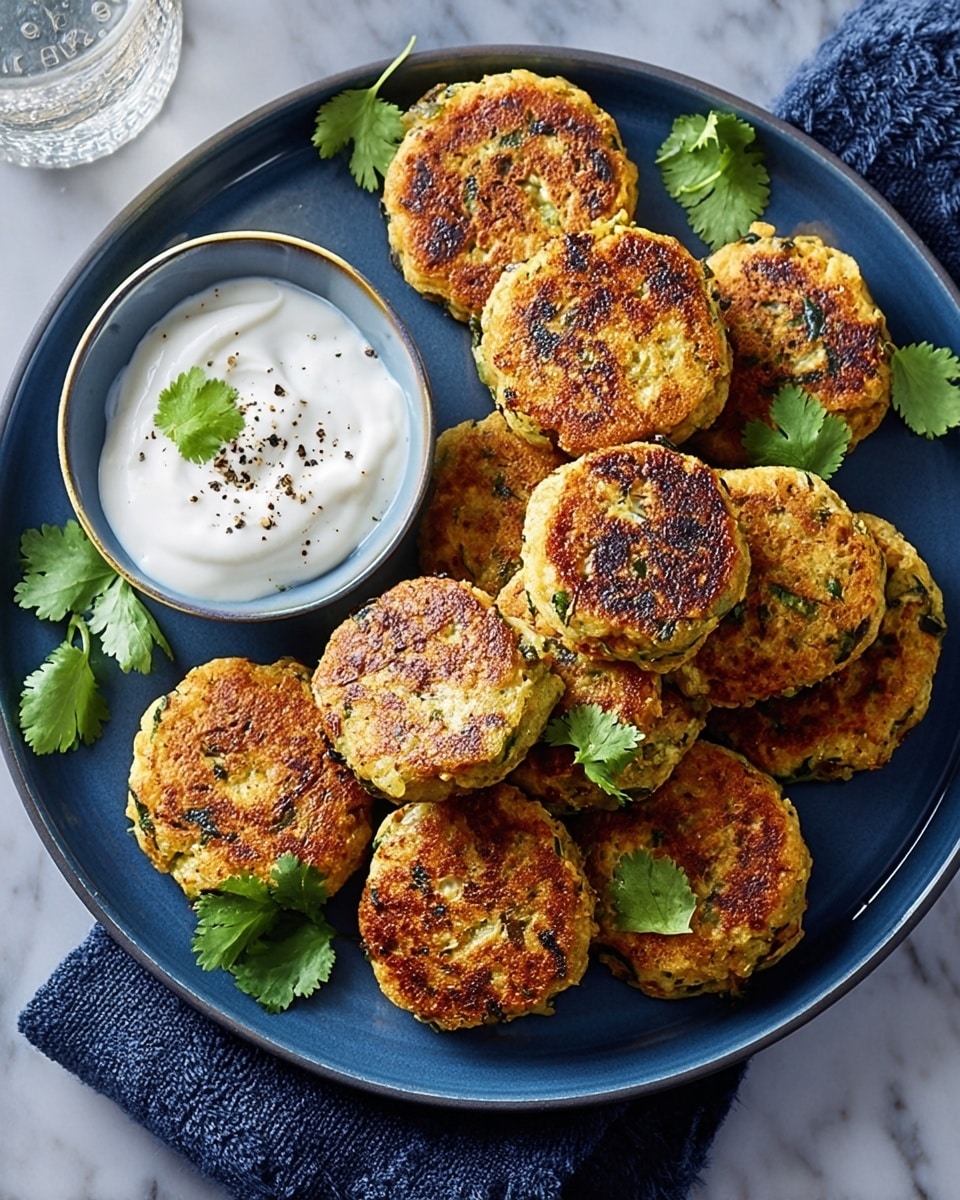 The image shows a round white plate filled with small golden-brown patties that have visible green herbs baked inside. The patties are stacked loosely on one side, while on the other side there is a small white bowl filled with creamy white sauce topped with a sprinkle of black pepper and a small green herb. Some fresh green coriander leaves are scattered around the patties on the plate for garnish. The plate is placed on a white marbled surface, and a woman's hand is gently holding one patty on the left side. The photo taken with an iphone --ar 4:5 --v 7