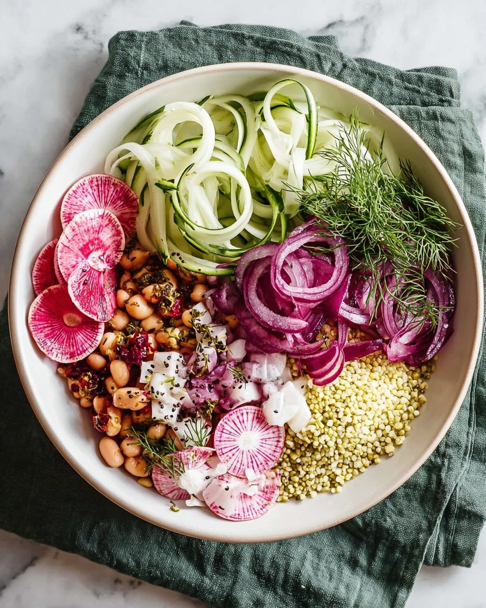 A large white bowl is filled with six different sections of fresh ingredients. Starting from the left, thinly sliced radishes in red and white form one layer, followed by thin round slices of white radish with red edges topped with a few small black pepper specks. Next, there is a layer of mixed beans in light brown and red colors, sprinkled lightly with black pepper. Above the beans, wide ribbons of green cucumber curls lie loosely. To the right, thin slices of red onion mixed with fresh green dill fill a large section of the bowl, and finally, a pale yellow mound of couscous takes up the remaining space. The bowl sits on a dark green cloth over a white marbled surface. Photo taken with an iphone --ar 4:5 --v 7