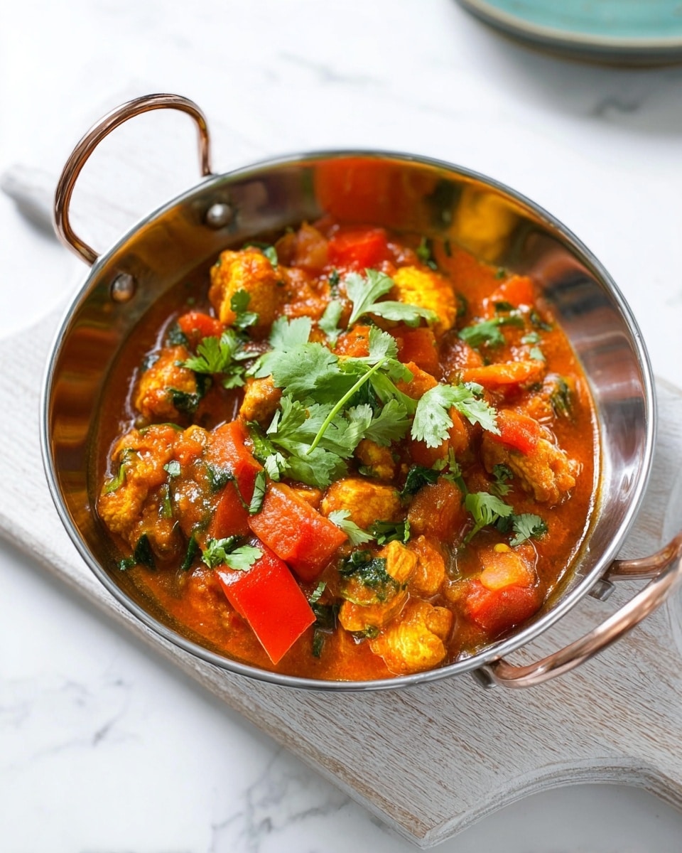 A shiny silver bowl with two small handles contains a thick stew with three clear layers: bright orange-red chunky sauce at the bottom, golden-brown pieces of chicken and red tomato chunks in the middle, and fresh green cilantro leaves scattered on top. The bowl sits on a white wooden board, with a white marbled surface beneath it, and a small part of a silver spoon with a round handle is visible resting inside. Photo taken with an iphone --ar 4:5 --v 7