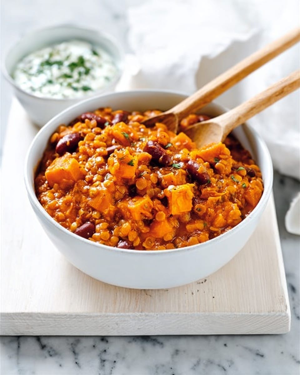 A white bowl filled with a thick stew of orange chunks mixed with small brown lentils and kidney beans, showing a rich, chunky texture and a warm color palette. The stew pieces are coated in a lightly glossy orange sauce, with some darker red beans scattered throughout, creating contrast. Two wooden spoons rest inside the bowl, their handles leaning outward on a white wooden cutting board. In the background, there is a white bowl with a creamy white sauce flecked with green herbs. The setting is on a white marbled surface with a folded white cloth nearby. Photo taken with an iphone --ar 4:5 --v 7