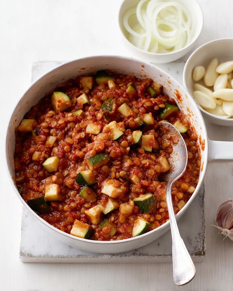 The image shows a small white saucepan filled with a chunky tomato-based sauce mixed with lentils and pieces of zucchini, all cooked together to create a rich red and green mix with a thick texture. A shiny spoon is placed in the saucepan, resting on the side while stirring the sauce. Behind the saucepan, there are two small white bowls—one filled with thin slices of pale yellow cheese and the other with white shredded cheese—both sitting on a white marbled surface. The overall setting is clean and simple with natural lighting. Photo taken with an iphone --ar 4:5 --v 7
