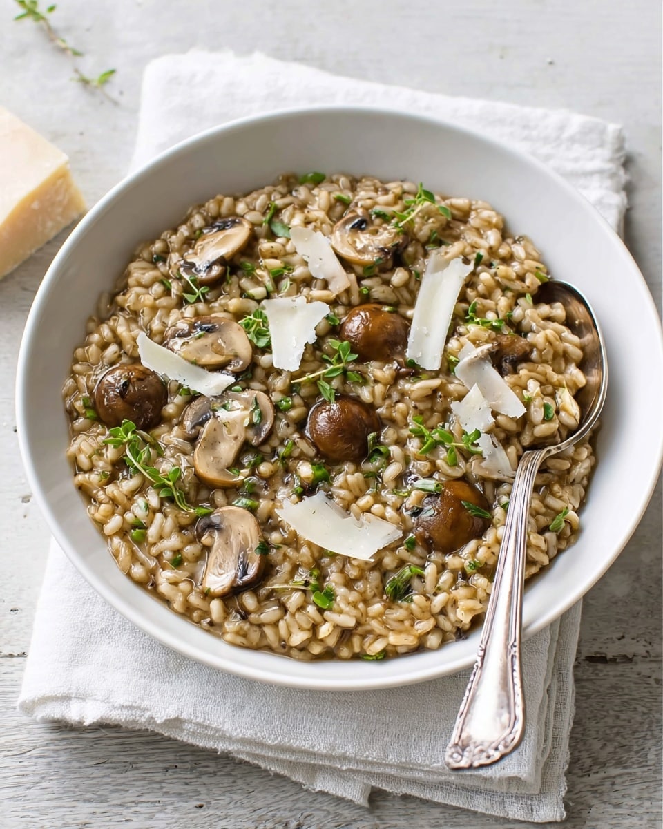 A white bowl filled with a creamy brown risotto that has small whole mushrooms and green herbs mixed evenly throughout. There are thin, curly white cheese slices scattered on top, adding texture and light color contrast. A silver spoon rests inside the bowl on the right side, slightly dipped into the risotto, while the bowl sits on folded white cloth napkins placed on a white marbled surface. The overall look is warm and inviting with a natural, rustic style. photo taken with an iphone --ar 4:5 --v 7