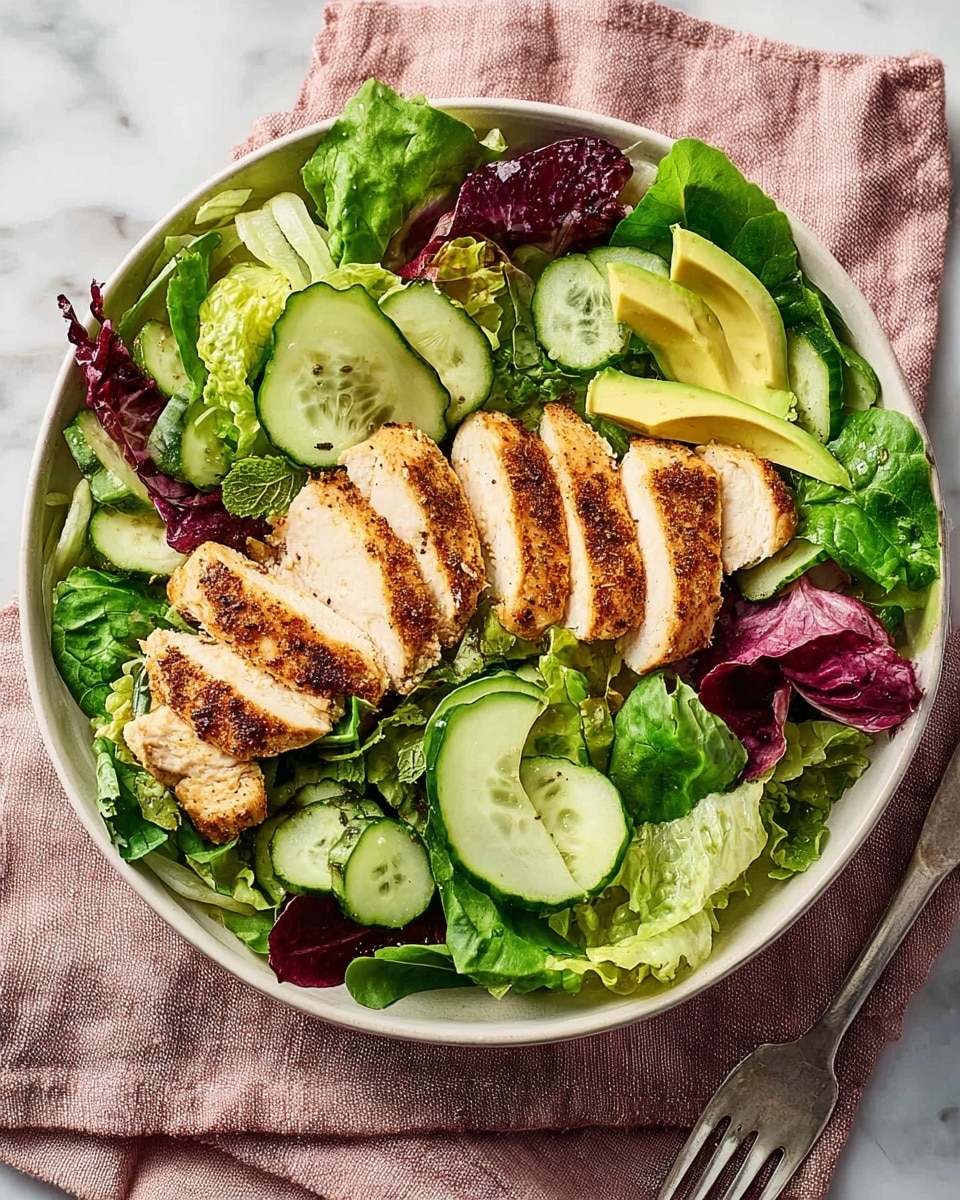 A white round bowl filled with a fresh salad sits on a soft pink cloth over a white marbled surface. The salad has three layers: the bottom layer is a mix of dark green, light green, and purple lettuce leaves, giving a leafy texture all around. The middle layer features smooth, round cucumber slices scattered evenly. On top, there are several slices of grilled chicken breast, golden brown with charred marks, arranged neatly in a row down the center. There are also few slices of yellow-green avocado placed around the bowl. On the side, a clear jar with a metallic spoon and a white plate with silver forks are visible. Photo taken with an iphone --ar 4:5 --v 7