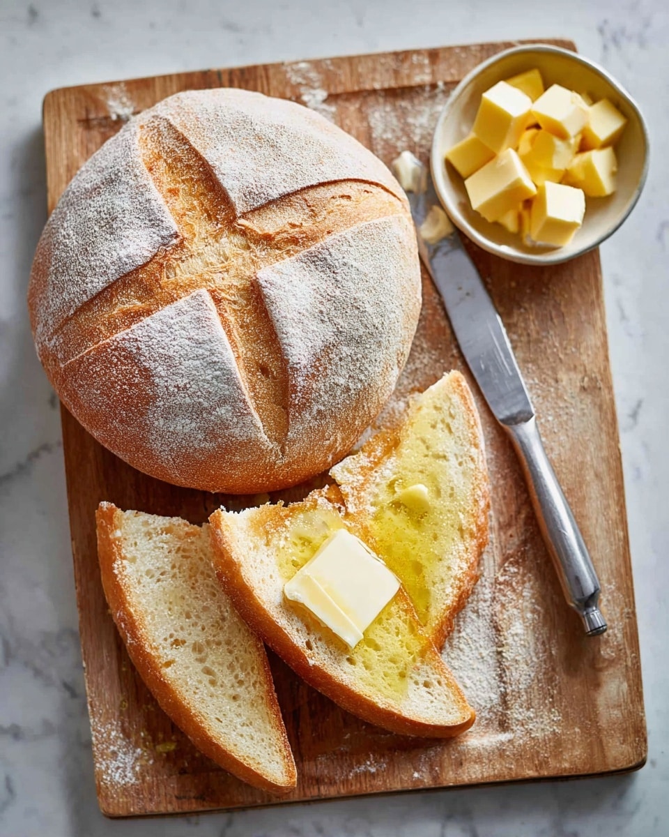 A round loaf of bread with a light brown crust dusted with flour and a cross cut on top sits on a wooden cutting board. Three slices of toasted bread with a golden brown, crunchy texture are placed next to the loaf, one slice spread with melting butter. A small white bowl filled with pale yellow butter cubes is nearby, alongside a silver butter knife resting on the board. The background is a white marbled surface. photo taken with an iphone --ar 4:5 --v 7