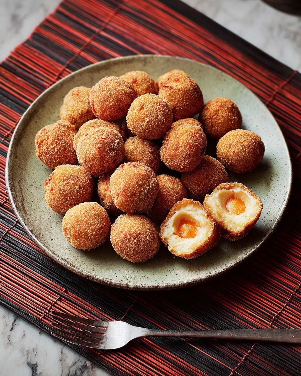 A round white plate filled with many small, golden-brown, crispy balls that have a rough texture, stacked in a pile. Two of these balls are broken open on the side, showing a soft, light yellow inside with a small orange center. The plate is placed on a brown bamboo mat with a silver two-prong fork resting nearby. The scene is set on a white marbled surface. photo taken with an iphone --ar 4:5 --v 7