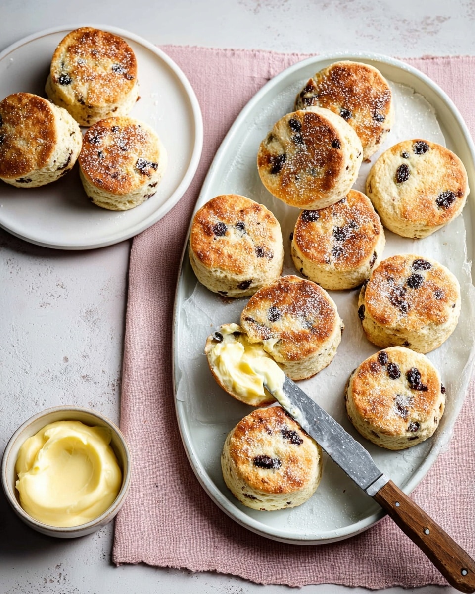 The image shows a tray and a plate with small round cakes that are golden-brown on top with a light dusting of sugar. Each cake is speckled with dark raisins or currants inside. The cakes look soft and slightly thick with a light, fluffy texture. The tray is white with a slightly curved edge and rests on a pink cloth on a white marbled surface. Several cakes are scattered on the tray alongside a knife with a dark wooden handle. Next to the tray, on the same white marbled surface, there is a white plate with three more cakes and a small white bowl filled with pale cream or butter. The cakes on the plate are arranged casually around the bowl. The overall tone is warm and inviting. Photo taken with an iphone --ar 4:5 --v 7