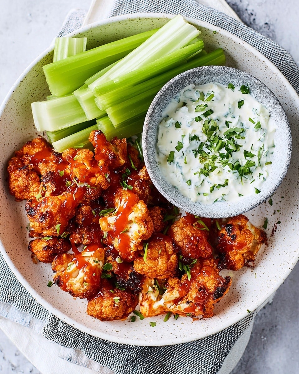 A large white bowl filled with crispy, fried cauliflower pieces that are golden brown with a reddish sauce drizzled on top, arranged mainly on the right side of the bowl. On the left side, a small round white bowl sits filled with white creamy dip topped with finely chopped green herbs. Below the dip and fried cauliflower, there is a layer of fresh, green celery sticks pointing upwards and slightly spread out. The bowl is set on a white marbled surface, with a white textured cloth underneath. photo taken with an iphone --ar 4:5 --v 7