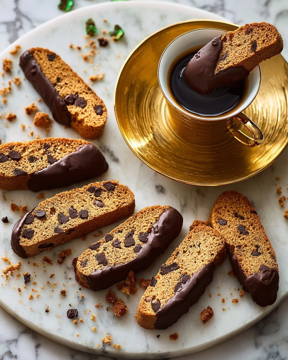 There is a round white plate with a golden cup of coffee placed at the top right. The plate holds several biscotti pieces, each about two layers thick: the bottom layer is a dry, dark brown cookie with visible chocolate chips, and the top half of each biscuit is dipped in smooth, glossy dark chocolate. The biscotti are scattered unevenly around the plate with a few crumbs near the edges. The cup is shiny gold with a dark coffee inside showing a bit of foam on top. The surface under the plate is a white marbled texture. photo taken with an iphone --ar 4:5 --v 7