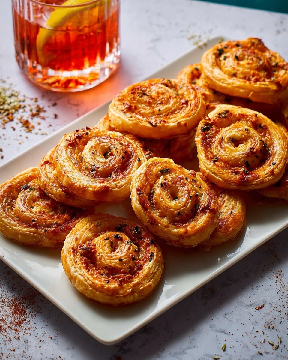 The image shows a white rectangular plate filled with about ten golden brown puff pastry pinwheels arranged closely together. Each pinwheel has visible layers of flaky pastry swirled with a reddish-orange filling, and some are sprinkled with black sesame seeds or spices on top. The texture of the pastries looks crispy and slightly glossy. The plate is placed on a white marbled surface with a soft blue background. Next to the plate, there is a glass with a red drink, ice cubes, and a lemon slice. The overall scene is bright and inviting. Photo taken with an iphone --ar 4:5 --v 7