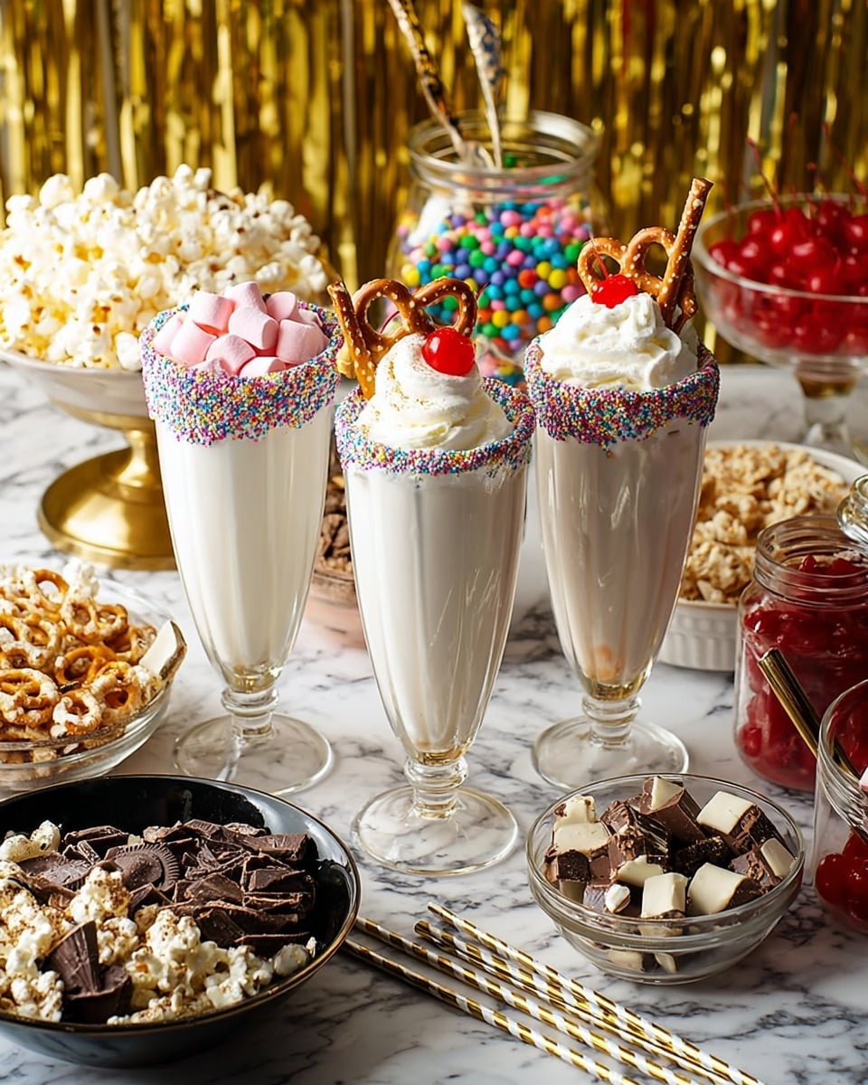The image shows four tall, clear glasses filled with thick white milkshakes, each decorated differently: one topped with whipped cream and popcorn, another with whipped cream, colorful candy pieces, and a pretzel, and one glass with marshmallows and small cookie pieces on top. The rims of three glasses are coated with white frosting and colorful sprinkle dots. The glasses are set on a shiny gold tray. Around the tray, there are bowls filled with white and pink mini marshmallows, red cherries, caramel popcorn, small chocolate cookies, pretzels, and colored candy-coated chocolates. There are also striped straws and scattered mini marshmallows on the tray and the white marbled surface. The background has a gold tinsel curtain. Photo taken with an iphone --ar 4:5 --v 7